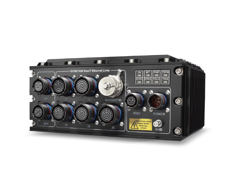 MIL-SSR / MIL-10SSR — L2/L3 secure switch router — Exterior (OP1/OP2 fibre, J1-J5 copper, Service ETH)