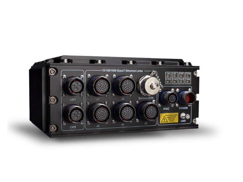 MIL-TSN / MIL-10TSN — military TSN switch — Exterior (OP1/OP2 fibre, J1-J5 copper, Service ETH)