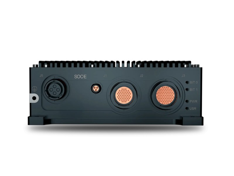 MILS0800-SR — L2/L3 SFF military switch router (8 copper ports) — Exterior (front: J1, J2, J3, J5 and status LEDs)