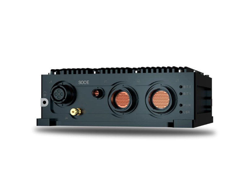 MILS0802-10TSN — Bộ chuyển mạch TSN quân sự SFF — Exterior (J1-J5, GNSS antenna connector J4, status LEDs)