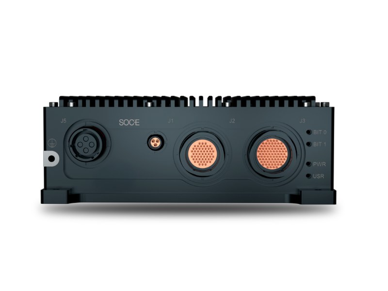MILS0802-SR — L2/L3 SFF military switch router — Exterior (front: J1, J2, J3, J5 and status LEDs)
