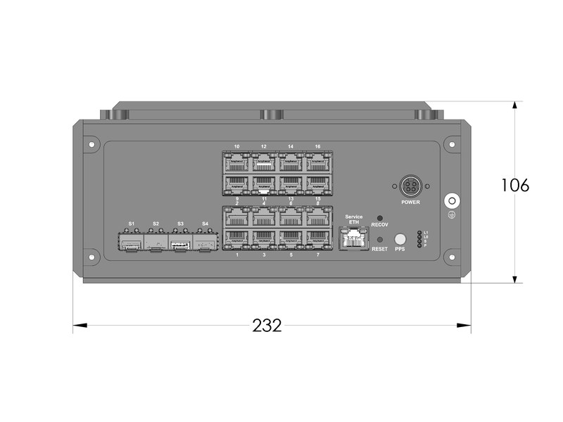 RELY-10TSN20 — 20-port 1G/10G TSN switch — Dimensions: front (232 x 106 mm)