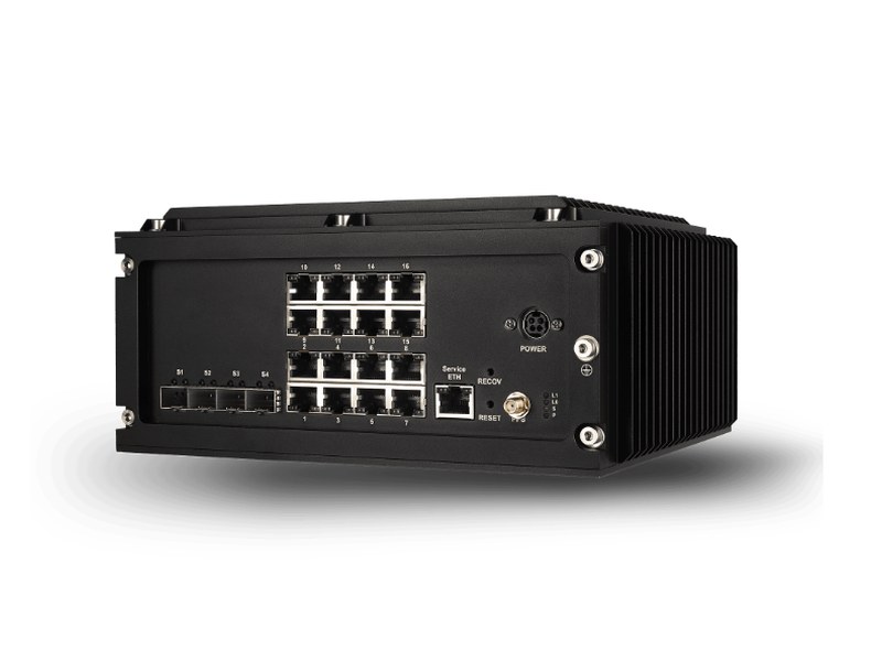RELY-10TSN20 — 20-port 1G/10G TSN switch — Exterior (copper 1-16, SFP+ S1-S4)