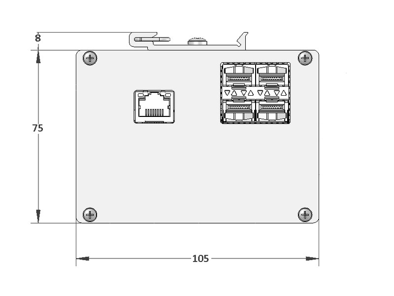 RELY-REC — 外形尺寸：105 × 164 × 75 mm（正面，RJ45 + SFP ×4）