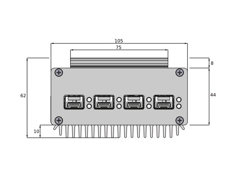 RELY-TEST — 外形尺寸：105 × 164 × 62 mm（正面，SFP ×4）