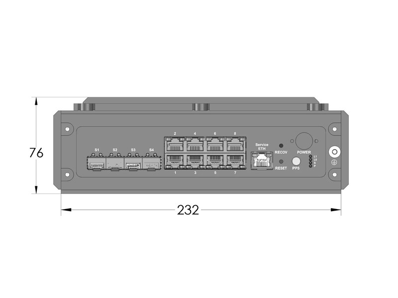 RELY-TSN12 — 12-port 1G TSN switch — Dimensions: front (232 x 76 mm)