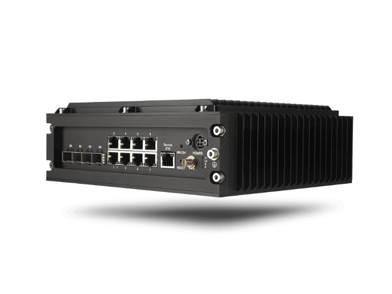RELY-TSN12 — 12-port 1G TSN switch — Exterior (copper 1-8, SFP S1-S4, Service ETH)