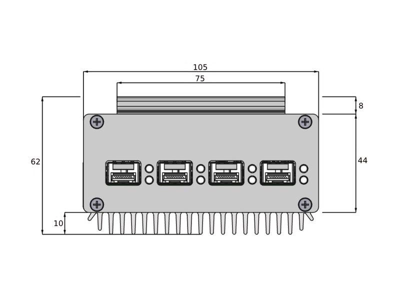 RELY-TSN4 — 4-port 1G TSN switch — Dimensions: front (105 x 62 mm, 4x SFP)